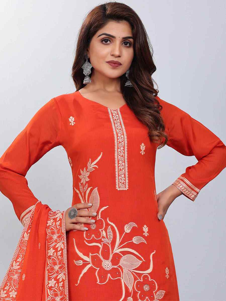 Orange Viscose Jacquard Embroidered Festival Casual Ready Pant Salwar Kameez