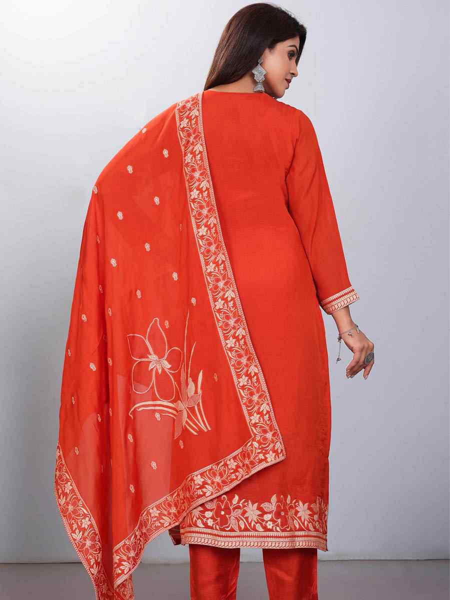Orange Viscose Jacquard Embroidered Festival Casual Ready Pant Salwar Kameez