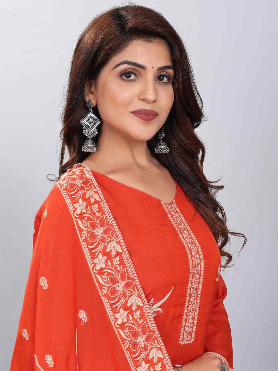 Orange Viscose Jacquard Embroidered Festival Casual Ready Pant Salwar Kameez