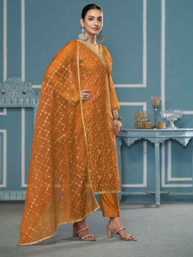 Orange Viscose Organza Embroidered Wedding Festival Pant Salwar Kameez