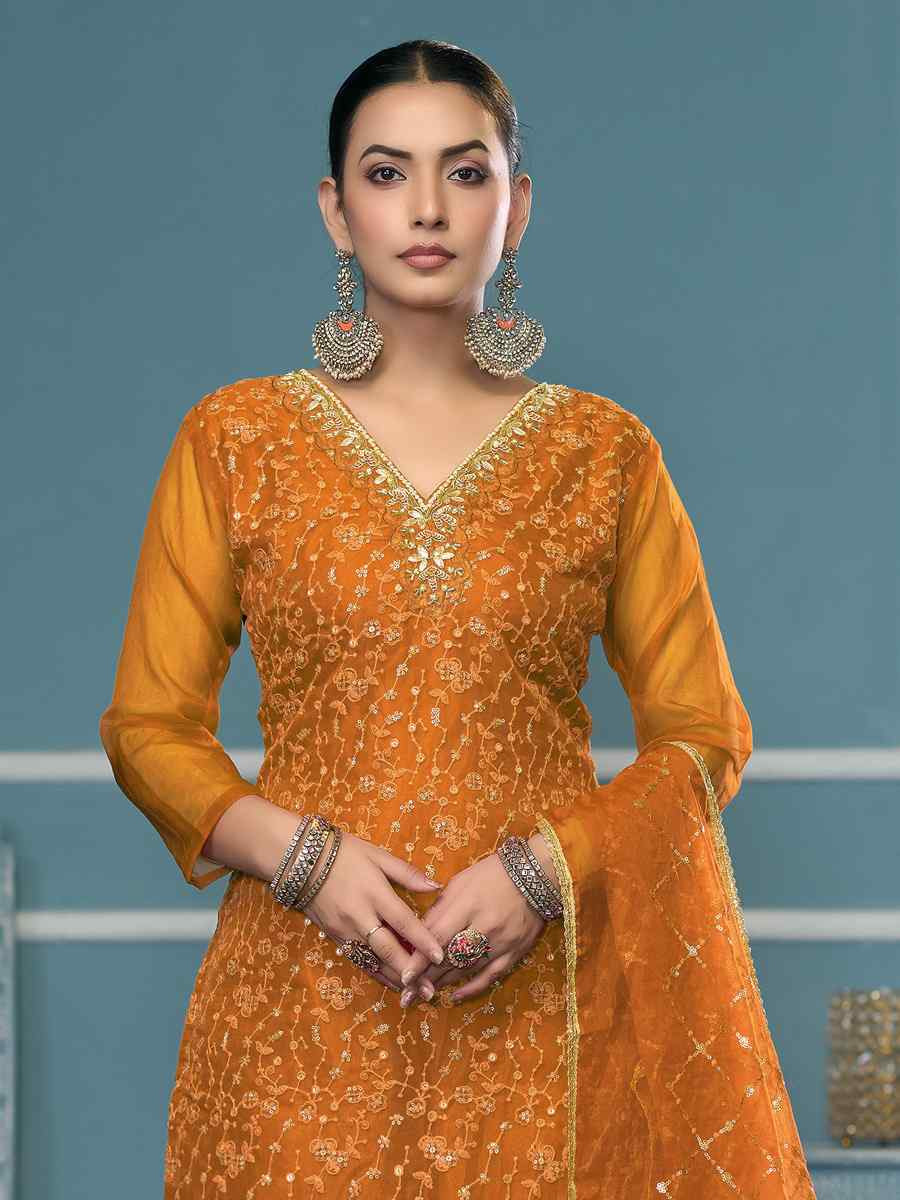 Orange Viscose Organza Embroidered Wedding Festival Pant Salwar Kameez