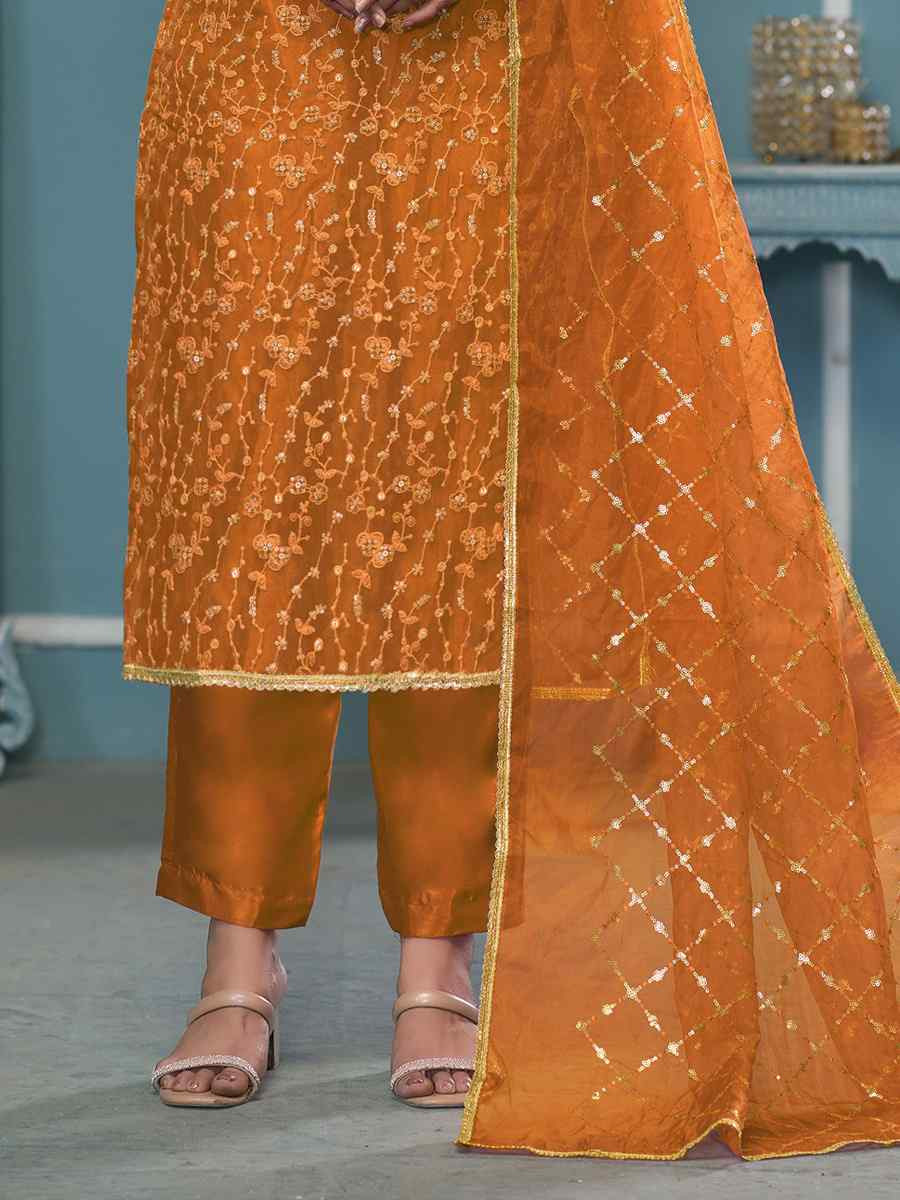Orange Viscose Organza Embroidered Wedding Festival Pant Salwar Kameez