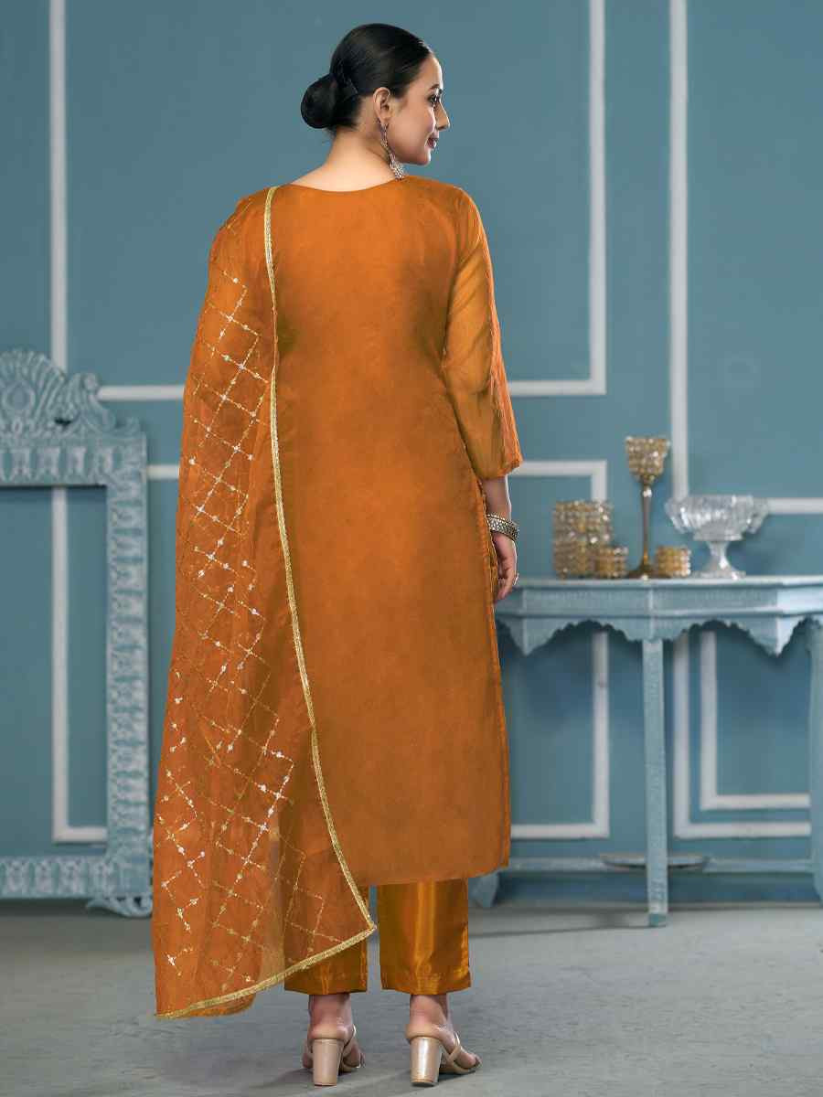 Orange Viscose Organza Embroidered Wedding Festival Pant Salwar Kameez