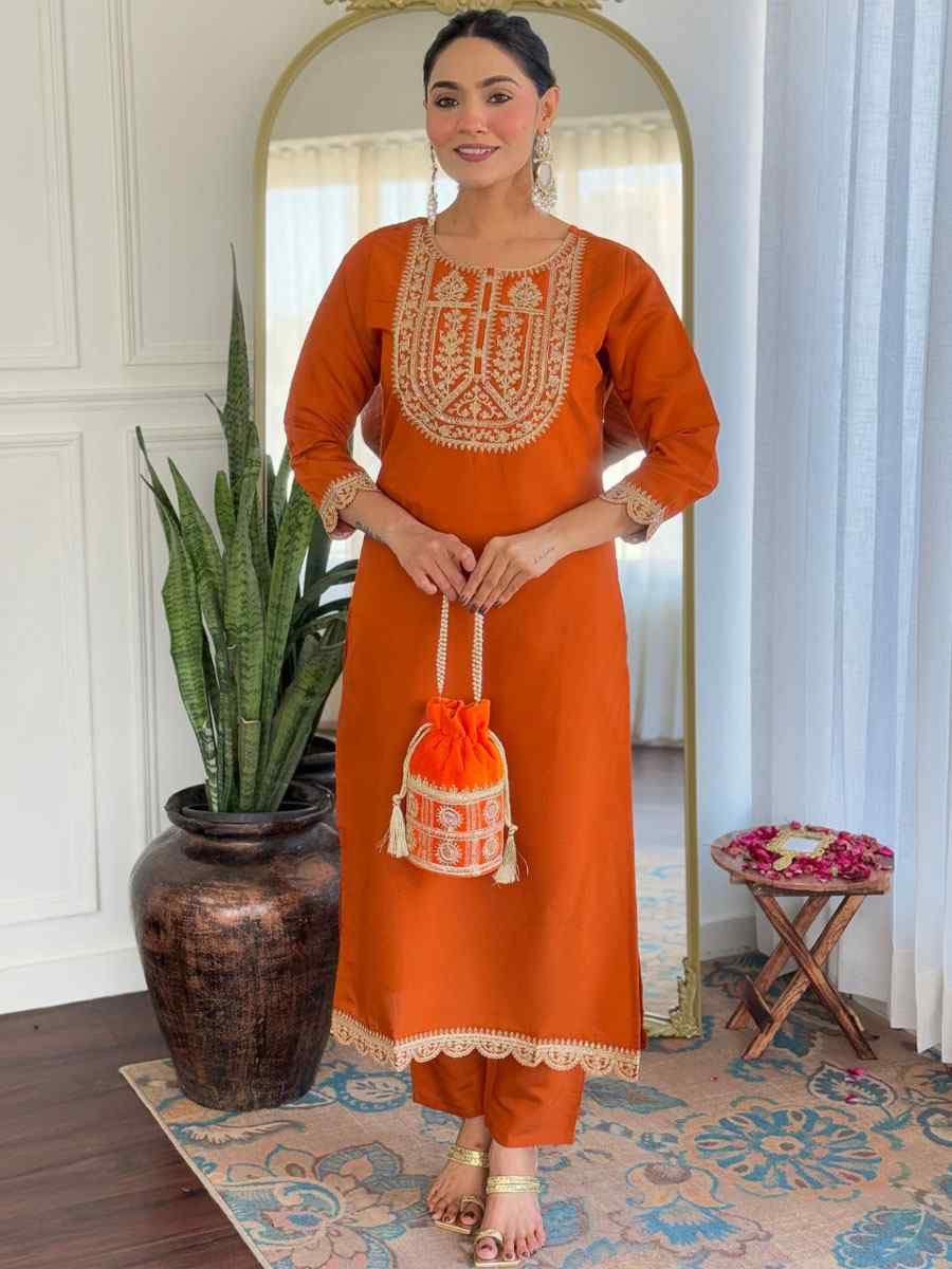 Orange Viscose Rayon Embroidery Party Wedding Festival Casual Ready Pant Salwar Kameez