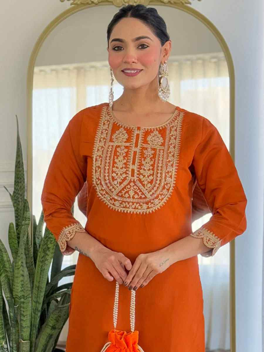 Orange Viscose Rayon Embroidery Party Wedding Festival Casual Ready Pant Salwar Kameez
