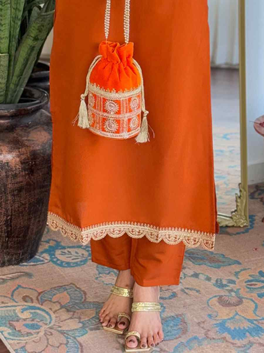 Orange Viscose Rayon Embroidery Party Wedding Festival Casual Ready Pant Salwar Kameez