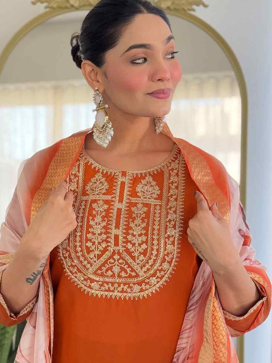 Orange Viscose Rayon Embroidery Party Wedding Festival Casual Ready Pant Salwar Kameez