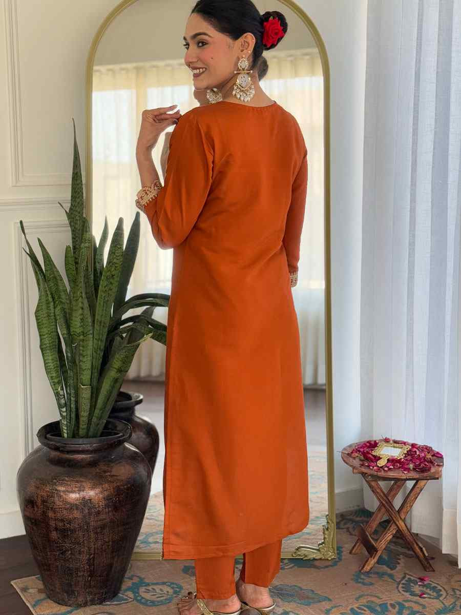 Orange Viscose Rayon Embroidery Party Wedding Festival Casual Ready Pant Salwar Kameez