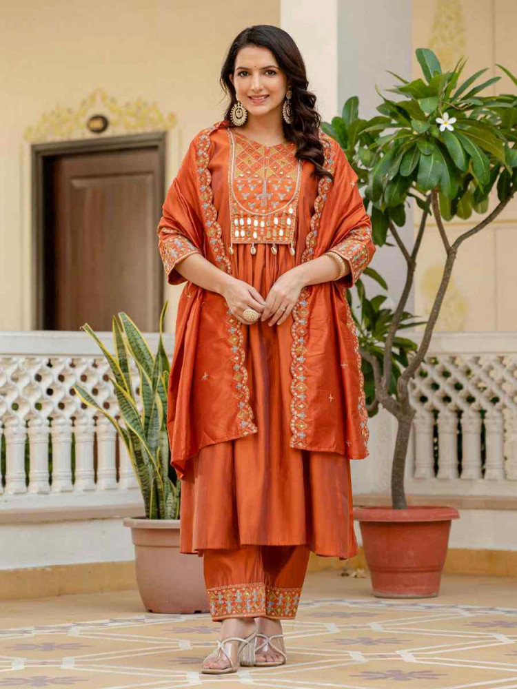 Image of Orange Viscose Roman Silk Embroidery Party Wedding Festival Casual Ready Anarkali Salwar Kameez