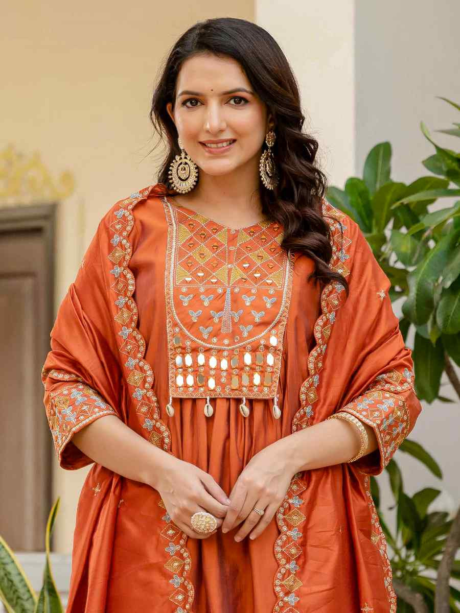 Orange Viscose Roman Silk Embroidery Party Wedding Festival Casual Ready Anarkali Salwar Kameez