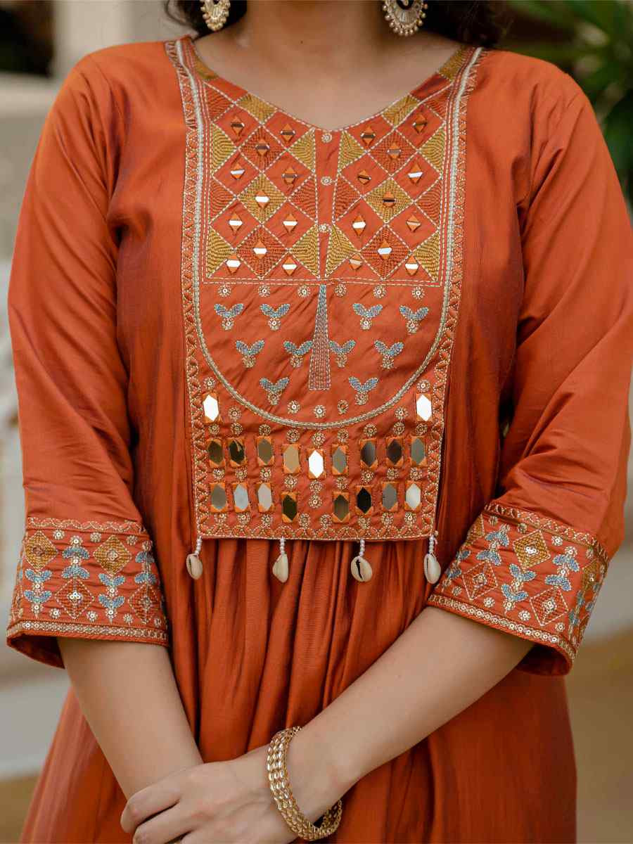 Orange Viscose Roman Silk Embroidery Party Wedding Festival Casual Ready Anarkali Salwar Kameez