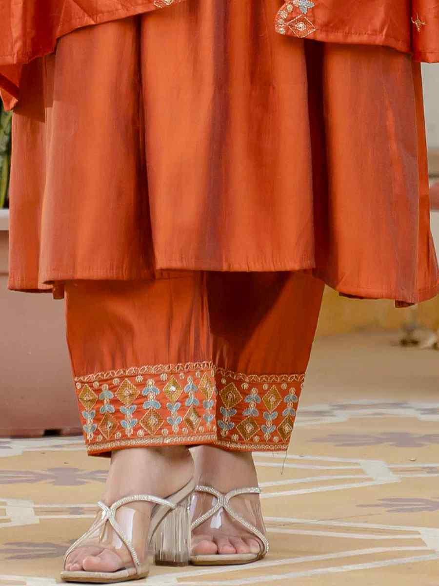 Orange Viscose Roman Silk Embroidery Party Wedding Festival Casual Ready Anarkali Salwar Kameez