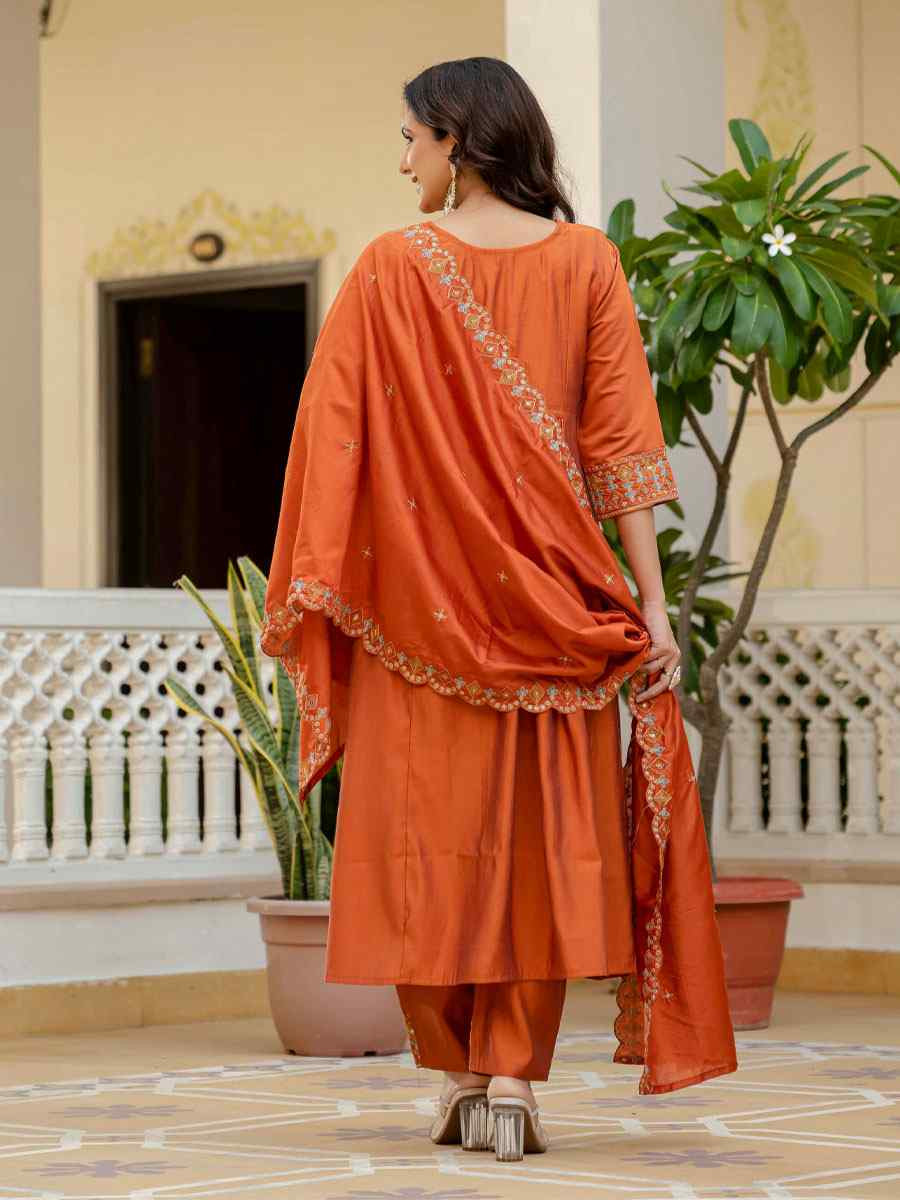 Orange Viscose Roman Silk Embroidery Party Wedding Festival Casual Ready Anarkali Salwar Kameez