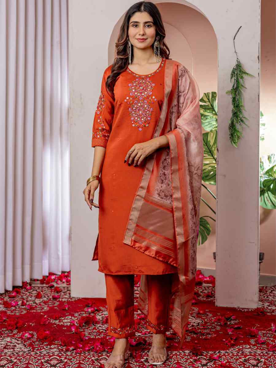 Orange Viscose Silk Embroidered Party Wedding Ready Pant Salwar Kameez