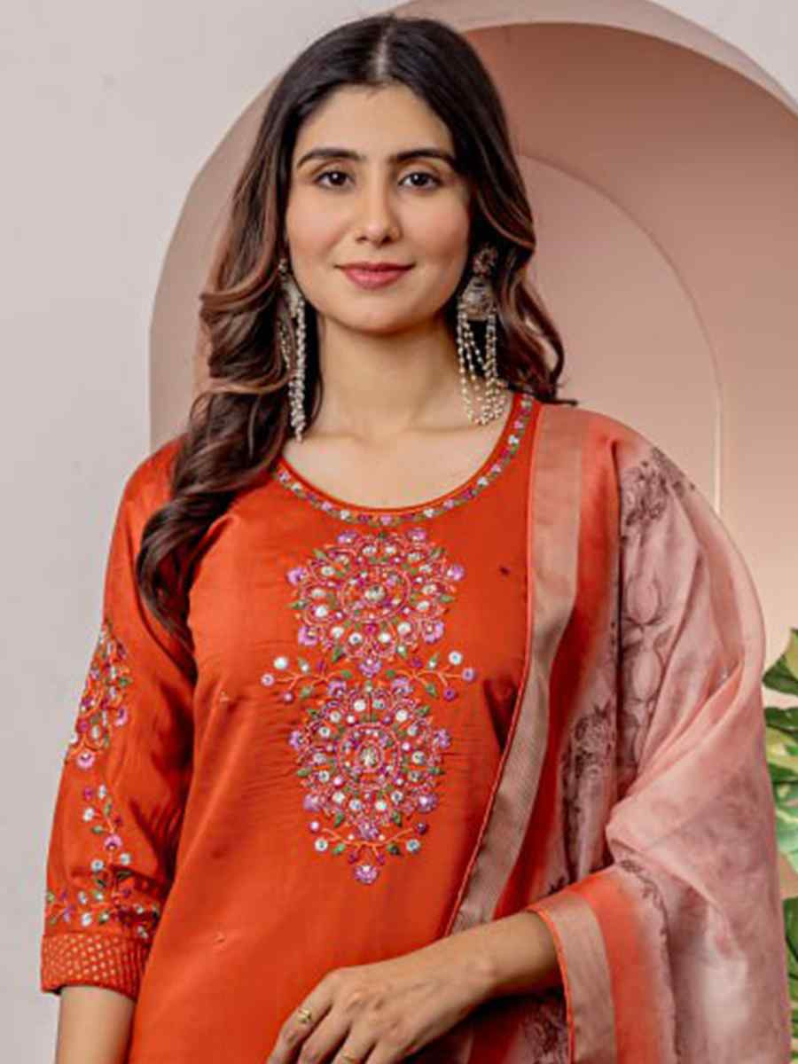 Orange Viscose Silk Embroidered Party Wedding Ready Pant Salwar Kameez