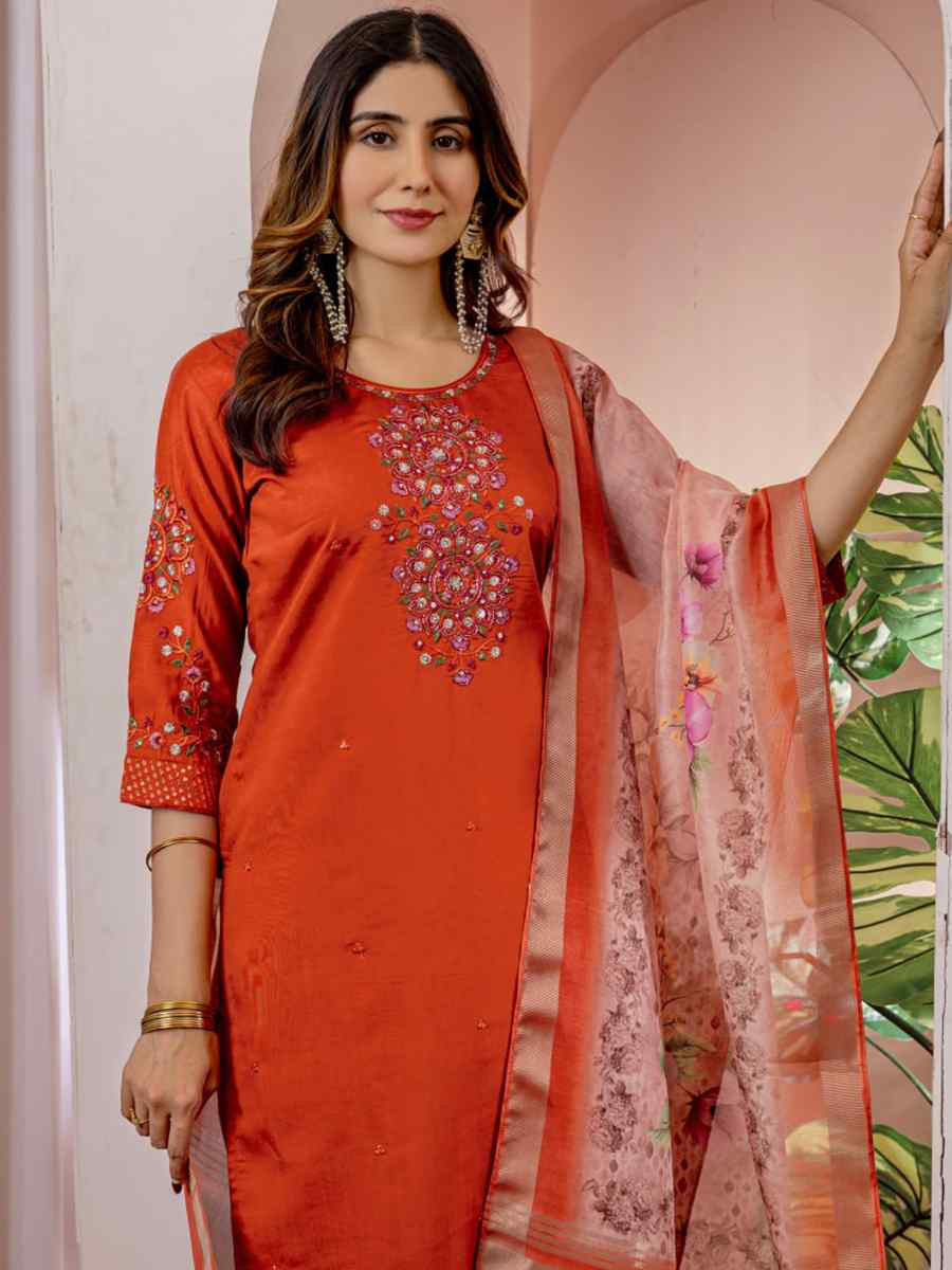 Orange Viscose Silk Embroidered Party Wedding Ready Pant Salwar Kameez