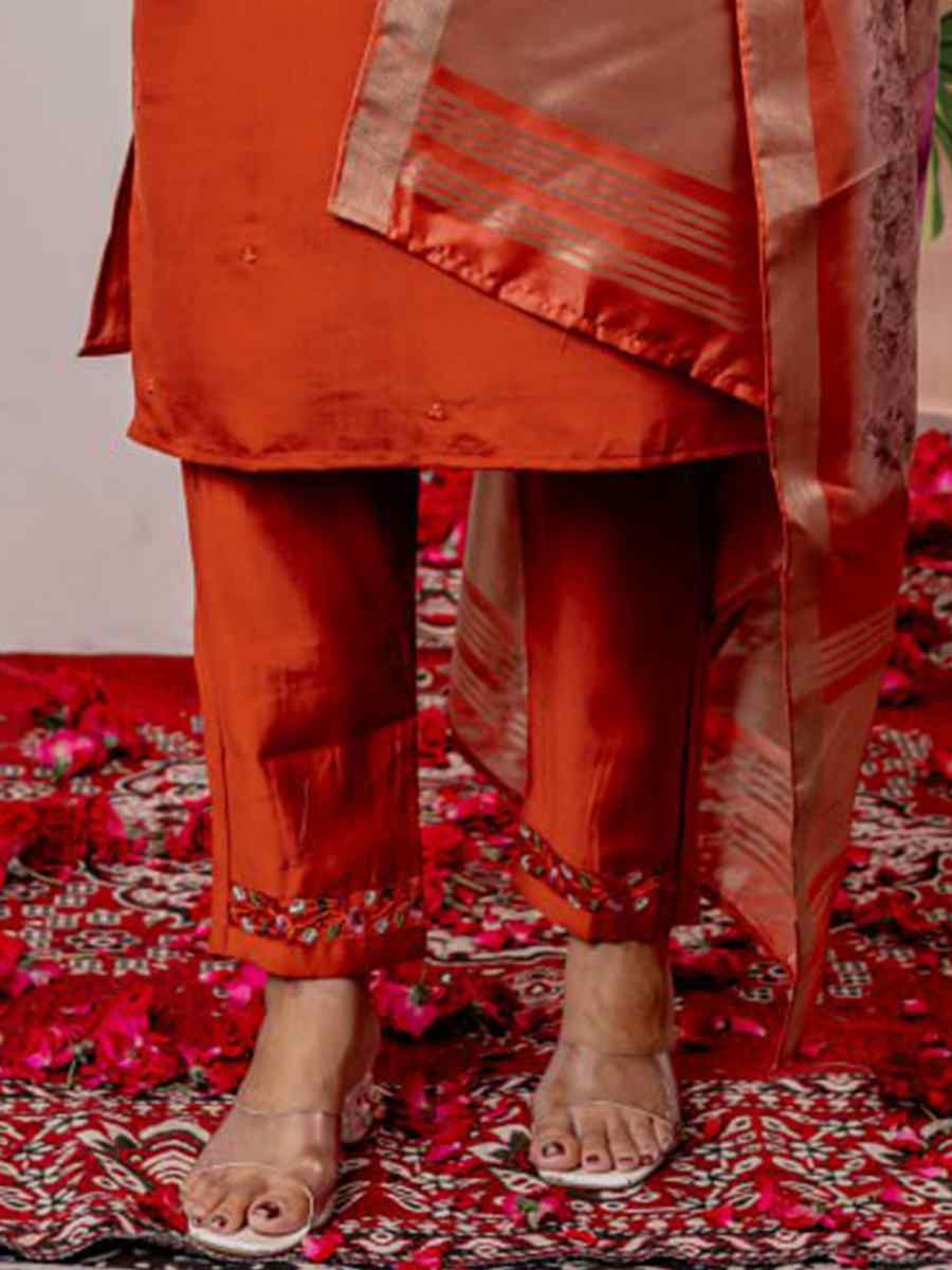 Orange Viscose Silk Embroidered Party Wedding Ready Pant Salwar Kameez