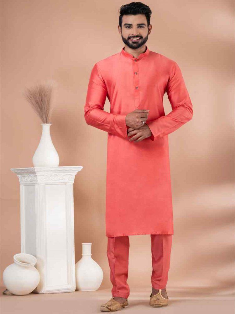 Orange Viscose Woven Festival Wedding Kurta