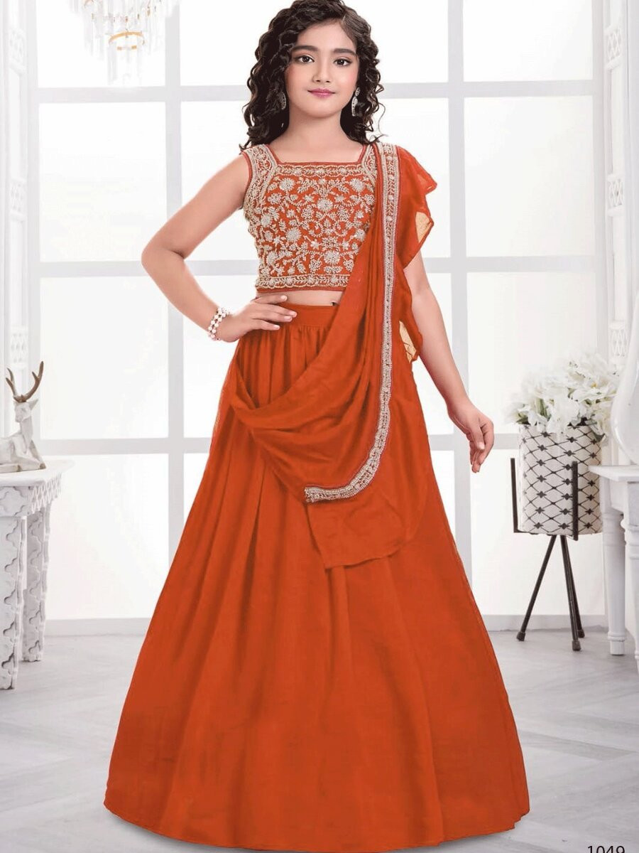 Orange Visitra Silk Embroidered Wedding Festival Party Lehengas Girls Wear
