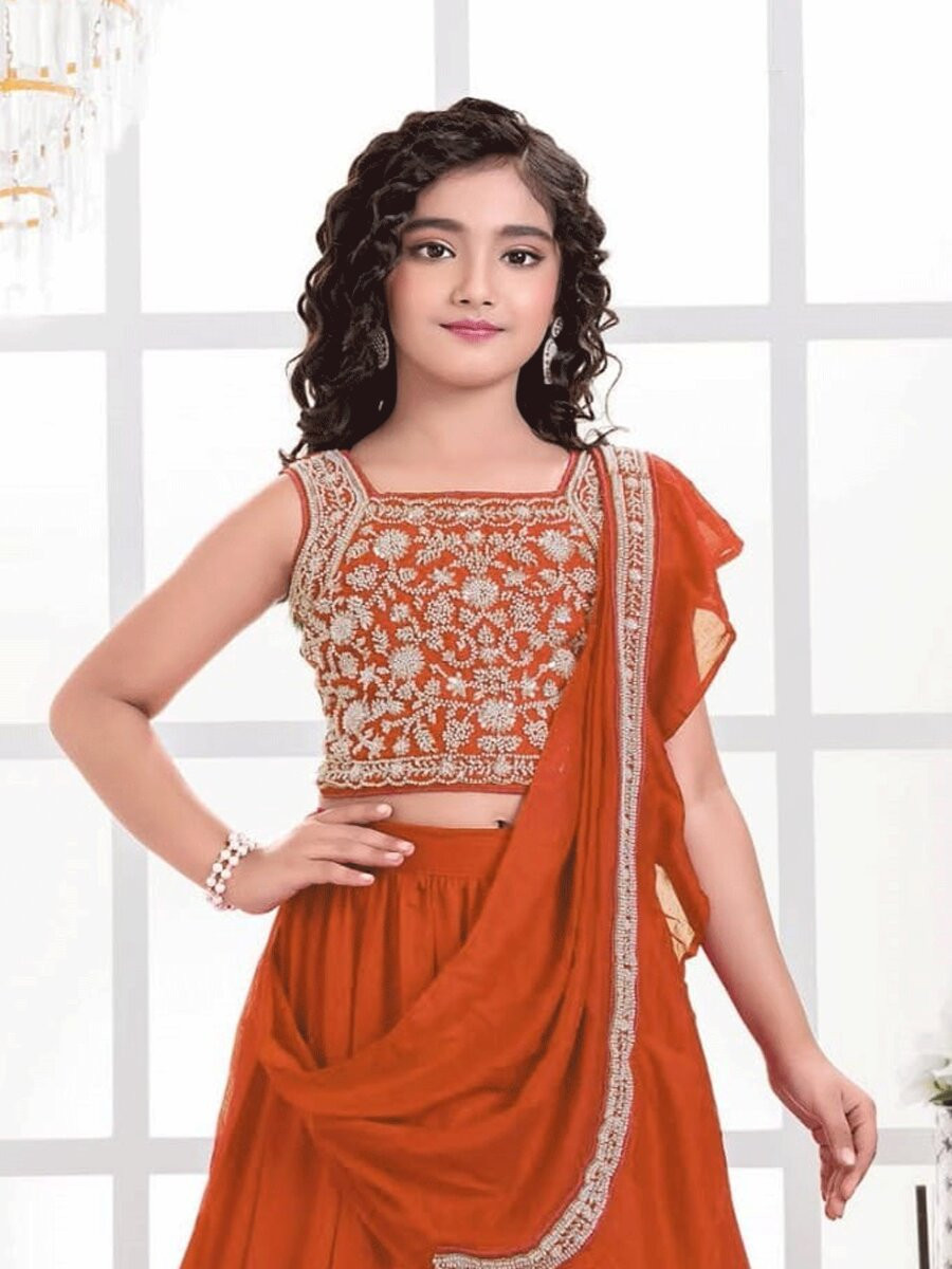 Orange Visitra Silk Embroidered Wedding Festival Party Lehengas Girls Wear