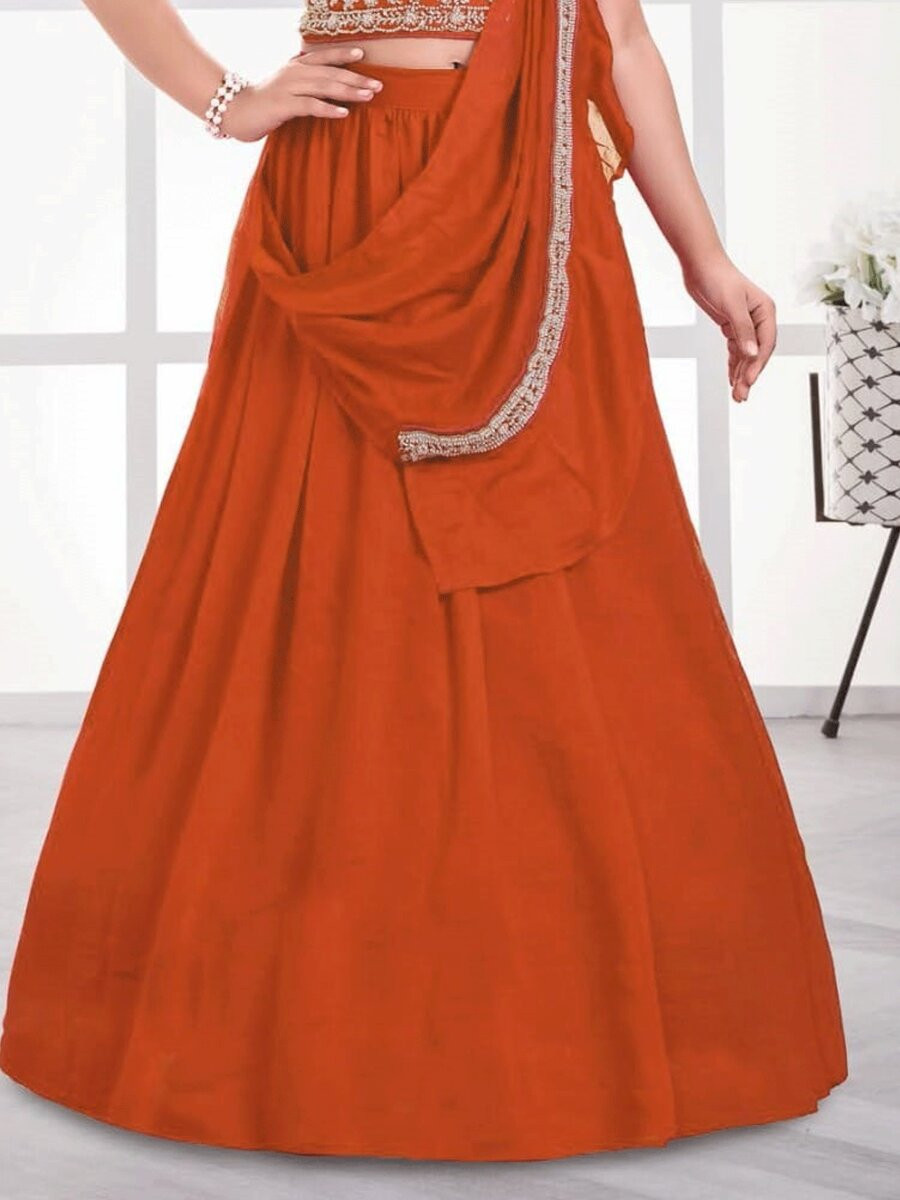 Orange Visitra Silk Embroidered Wedding Festival Party Lehengas Girls Wear