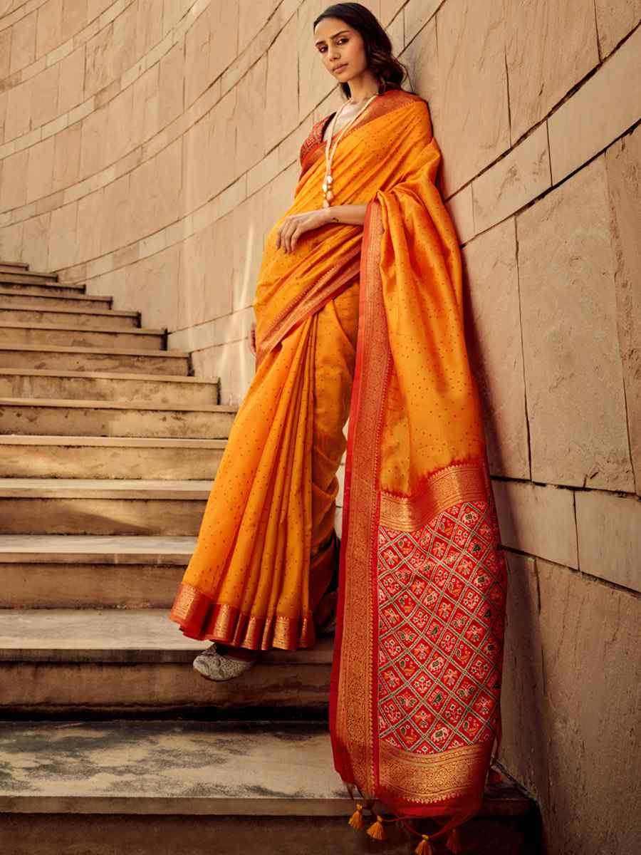 Orange Weaving Silk Handwoven Wedding Festival Heavy Border Saree