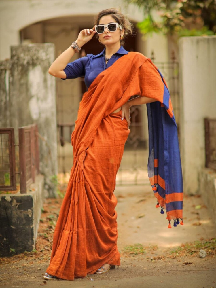 Image of Orange&amp;Blue  Khadi Cotton Plain Reception Party Casual Classic Style Sarees