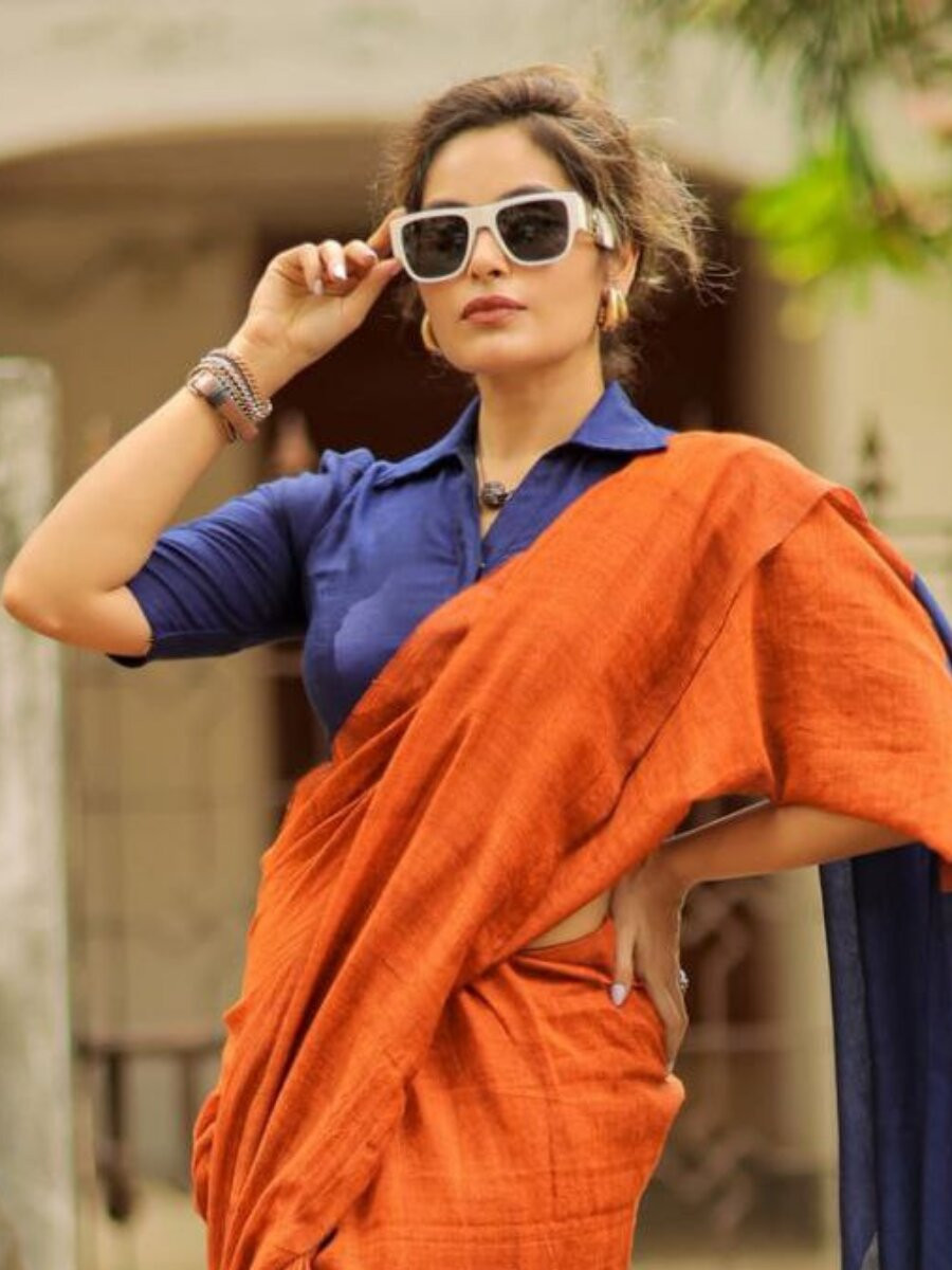 OrangeBlue Khadi Cotton Plain Reception Party Casual Classic Style Sarees