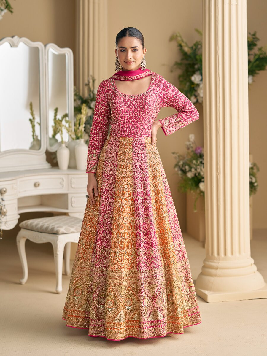 OrangePink Real Premium Georgette Embroidery Sequins Zari Wedding Party Festival Casual Ready Anarkali Salwar Kameez