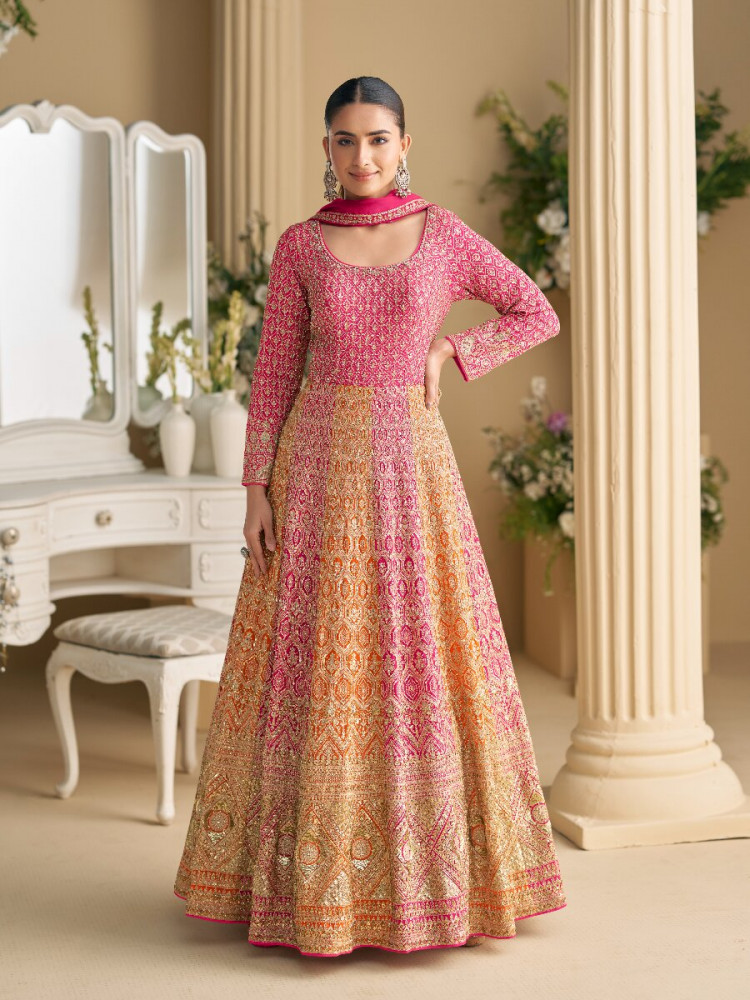 Image of Orange&amp;Pink Real Premium Georgette Embroidery Sequins Zari Wedding Party Festival Casual Ready Anarkali Salwar Kameez