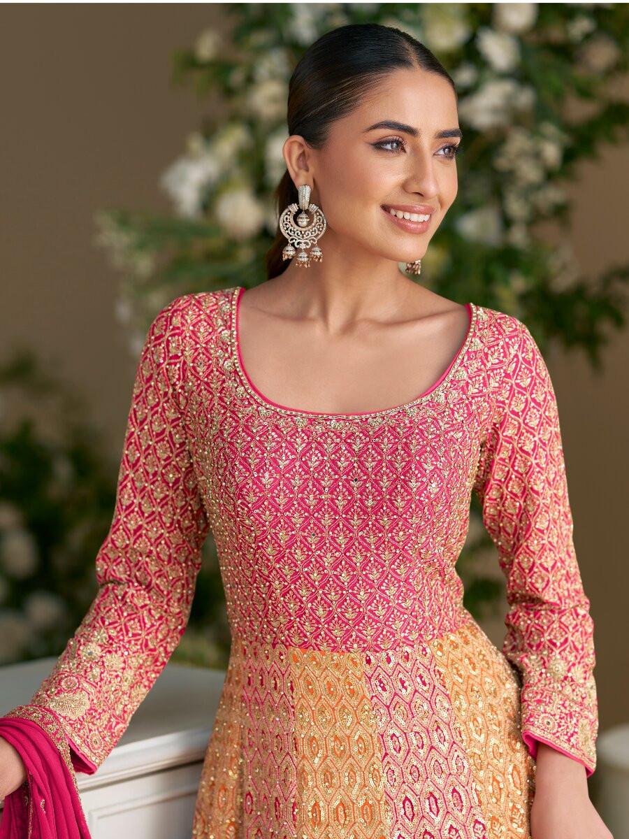 OrangePink Real Premium Georgette Embroidery Sequins Zari Wedding Party Festival Casual Ready Anarkali Salwar Kameez