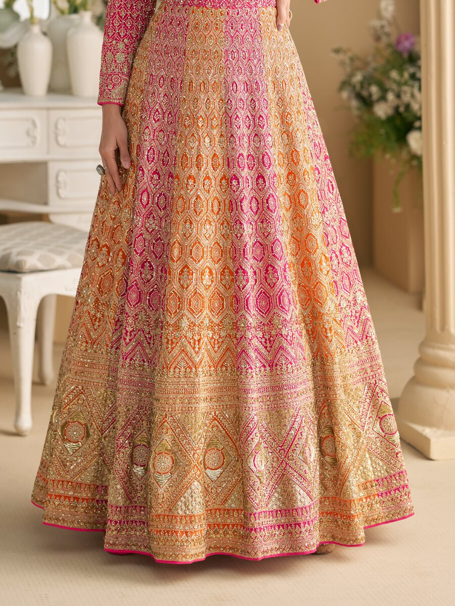 OrangePink Real Premium Georgette Embroidery Sequins Zari Wedding Party Festival Casual Ready Anarkali Salwar Kameez