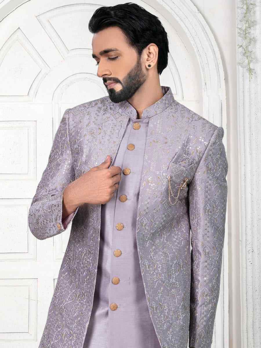 Pale Lavender Silk Embroidered Wedding Groom Sherwani