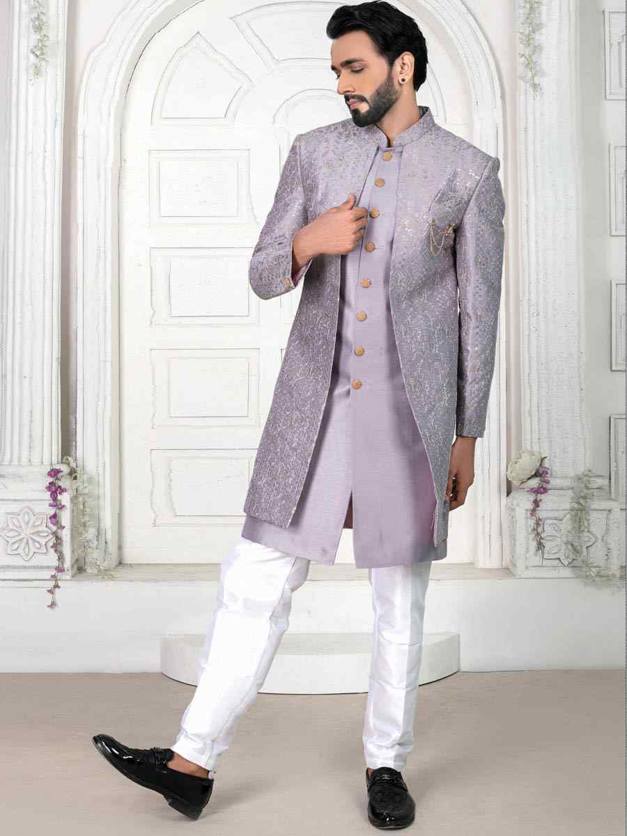 Pale Lavender Silk Embroidered Wedding Groom Sherwani