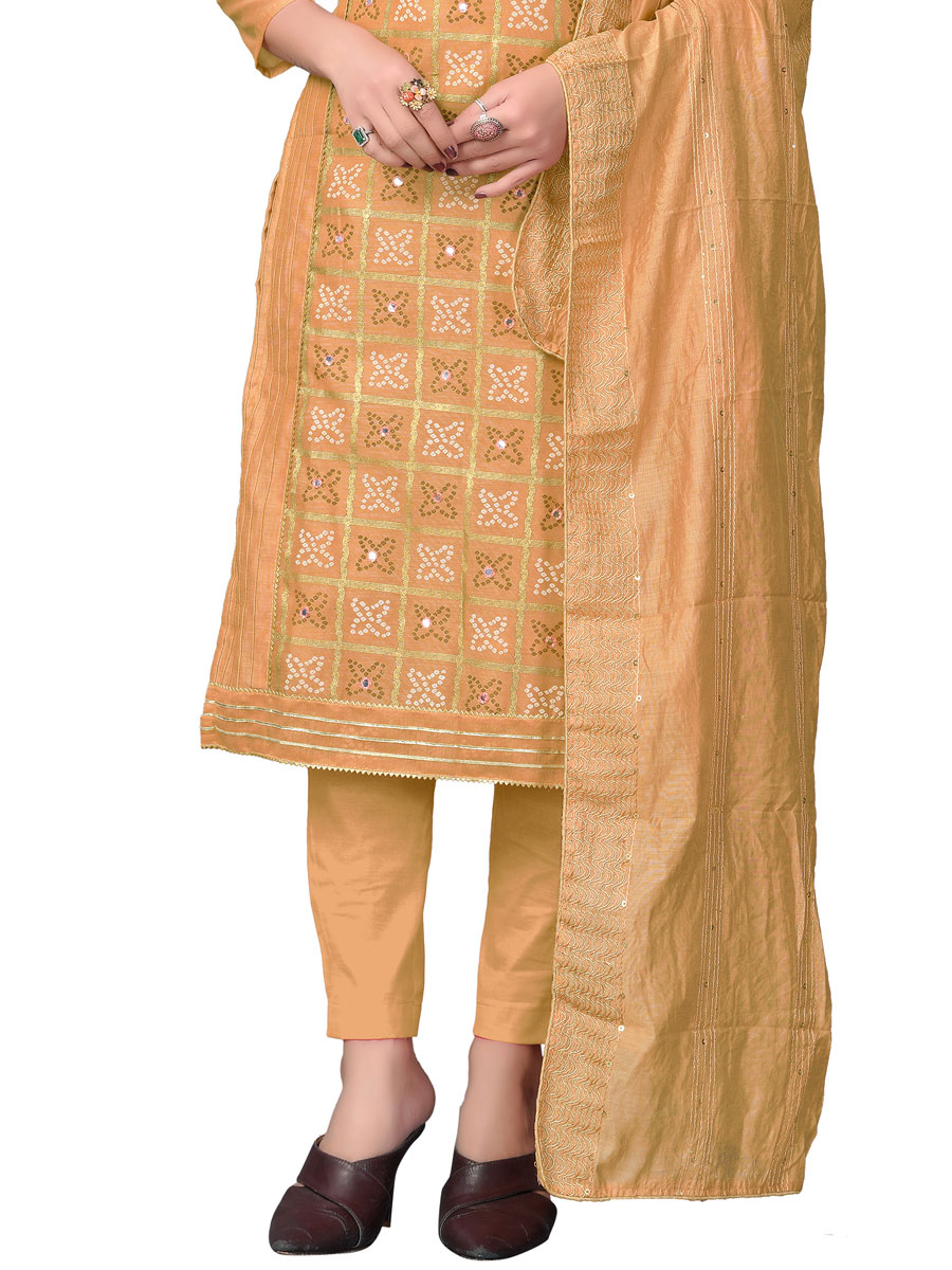 Papaya Whip Yellow Chanderi Cotton Embroidered Festival Churidar Kameez