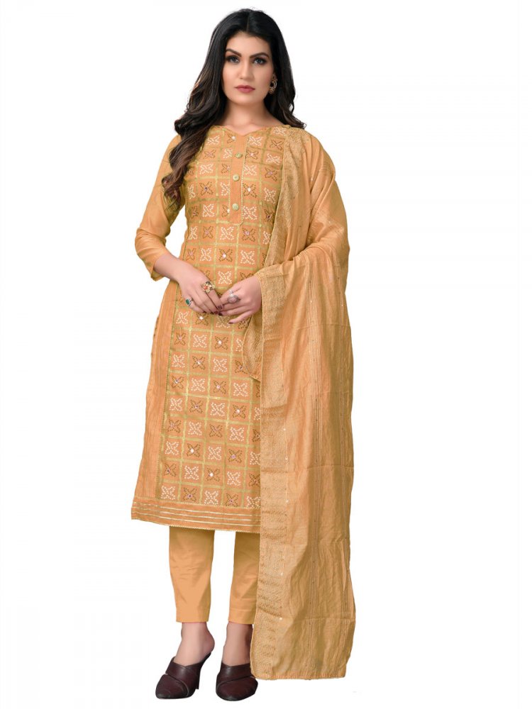 Papaya Whip Yellow Chanderi Cotton Embroidered Festival Churidar Kameez