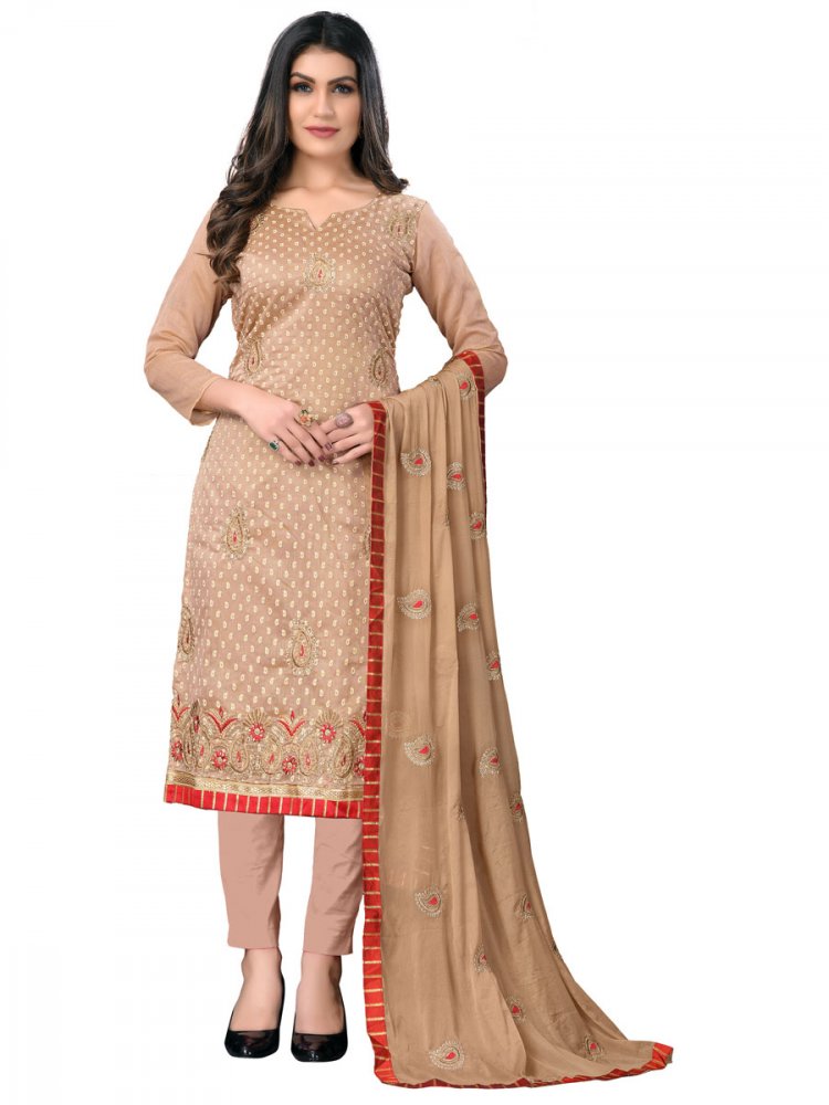 Papaya Whip Yellow Chanderi Cotton Embroidered Festival Churidar Kameez