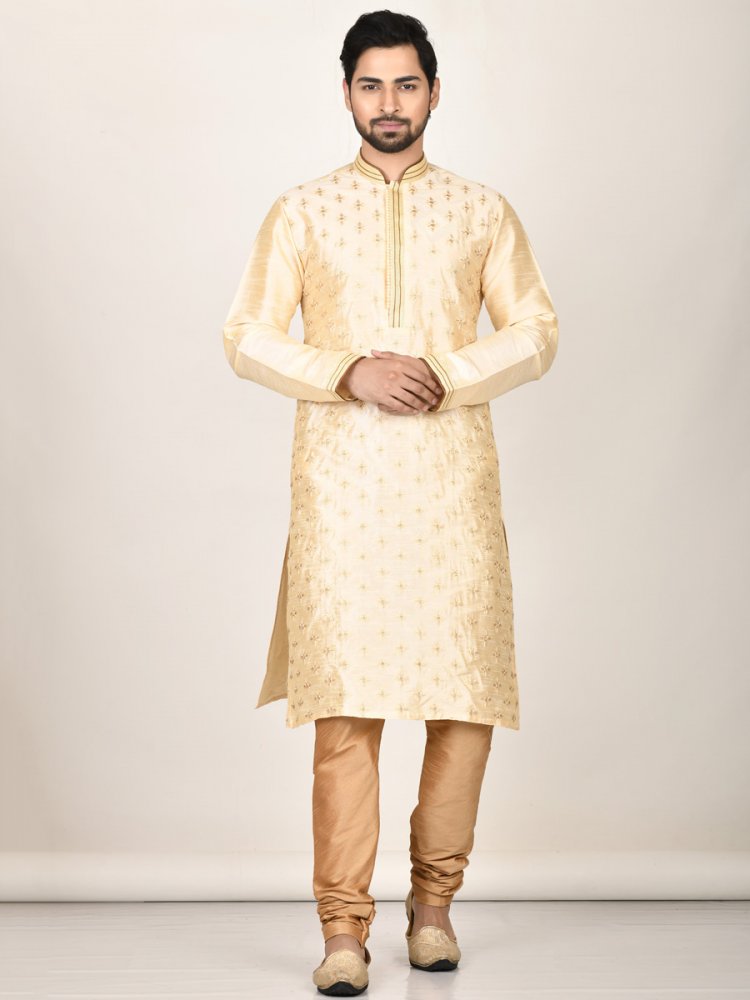 Papaya Whip Yellow Dupion Silk Embroidered Party Kurta