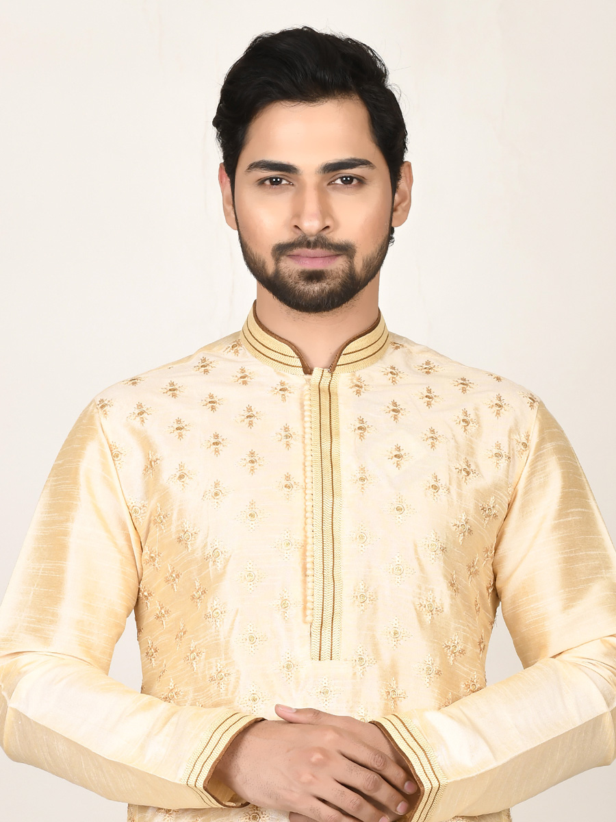 Papaya Whip Yellow Dupion Silk Embroidered Party Kurta
