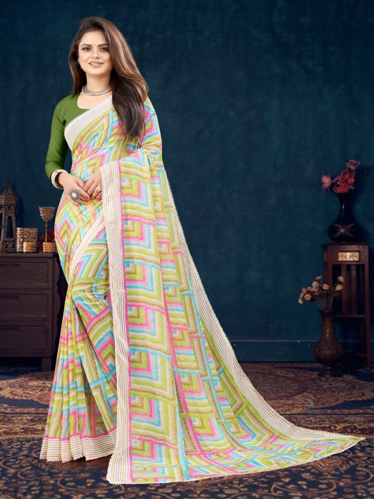 Parrot Georgette Printed Casual Festival Contemporary Saree