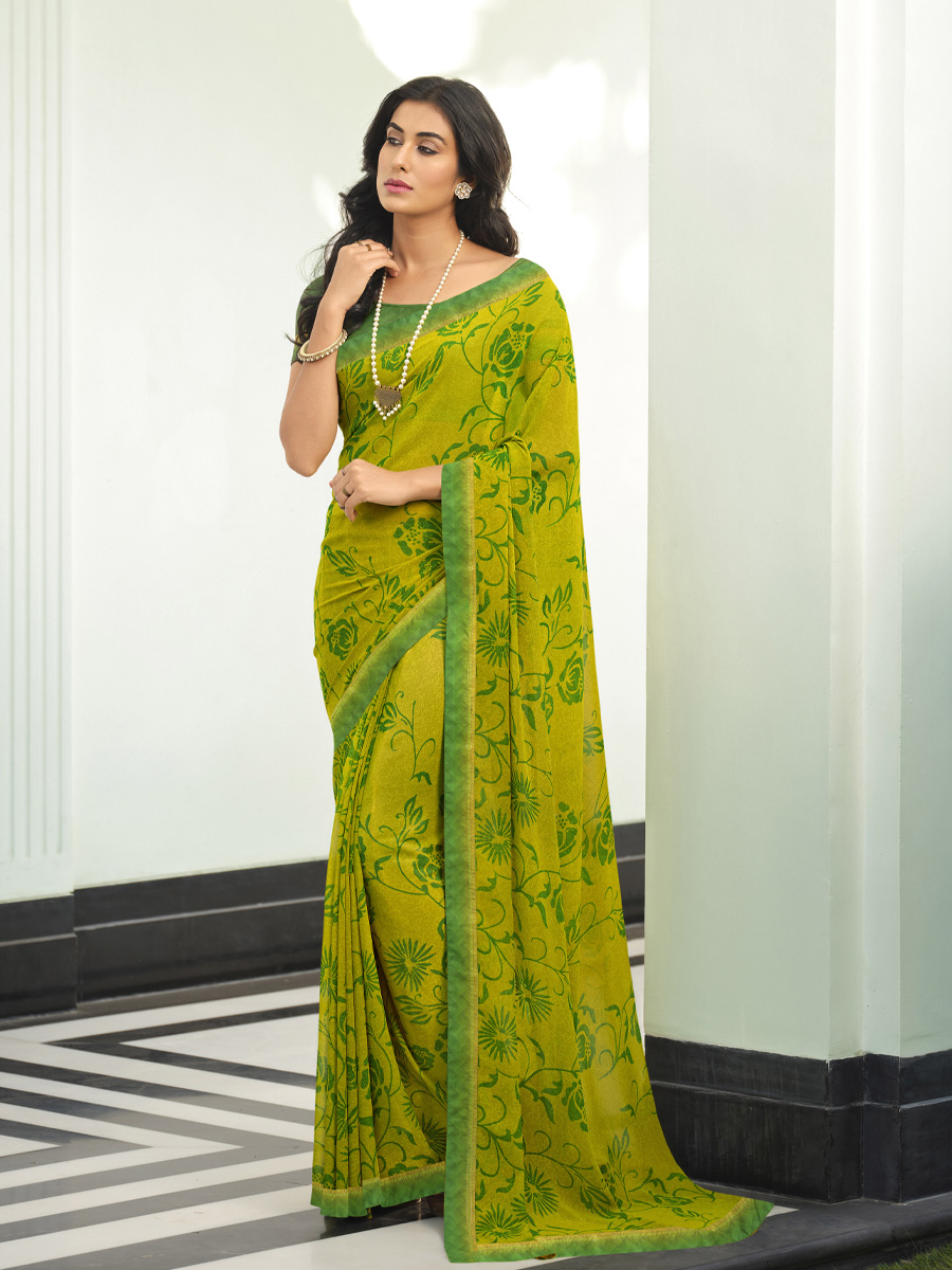 Parrot Georgette Printed Casual Festival Contemporary Saree