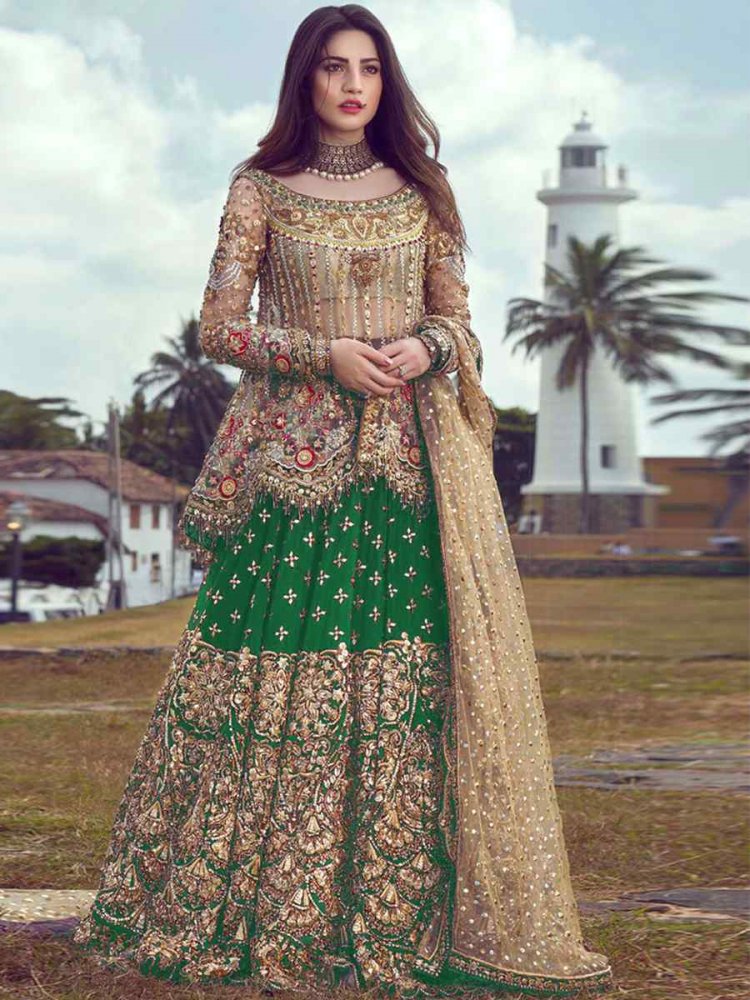 Parrot Green Butterfly Net Embroidered Engagement Party Kurti Lehenga Choli
