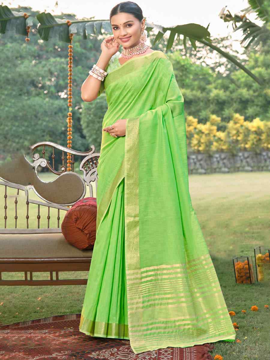 Parrot Green Cotton Handwoven Casual Festival Heavy Border Saree