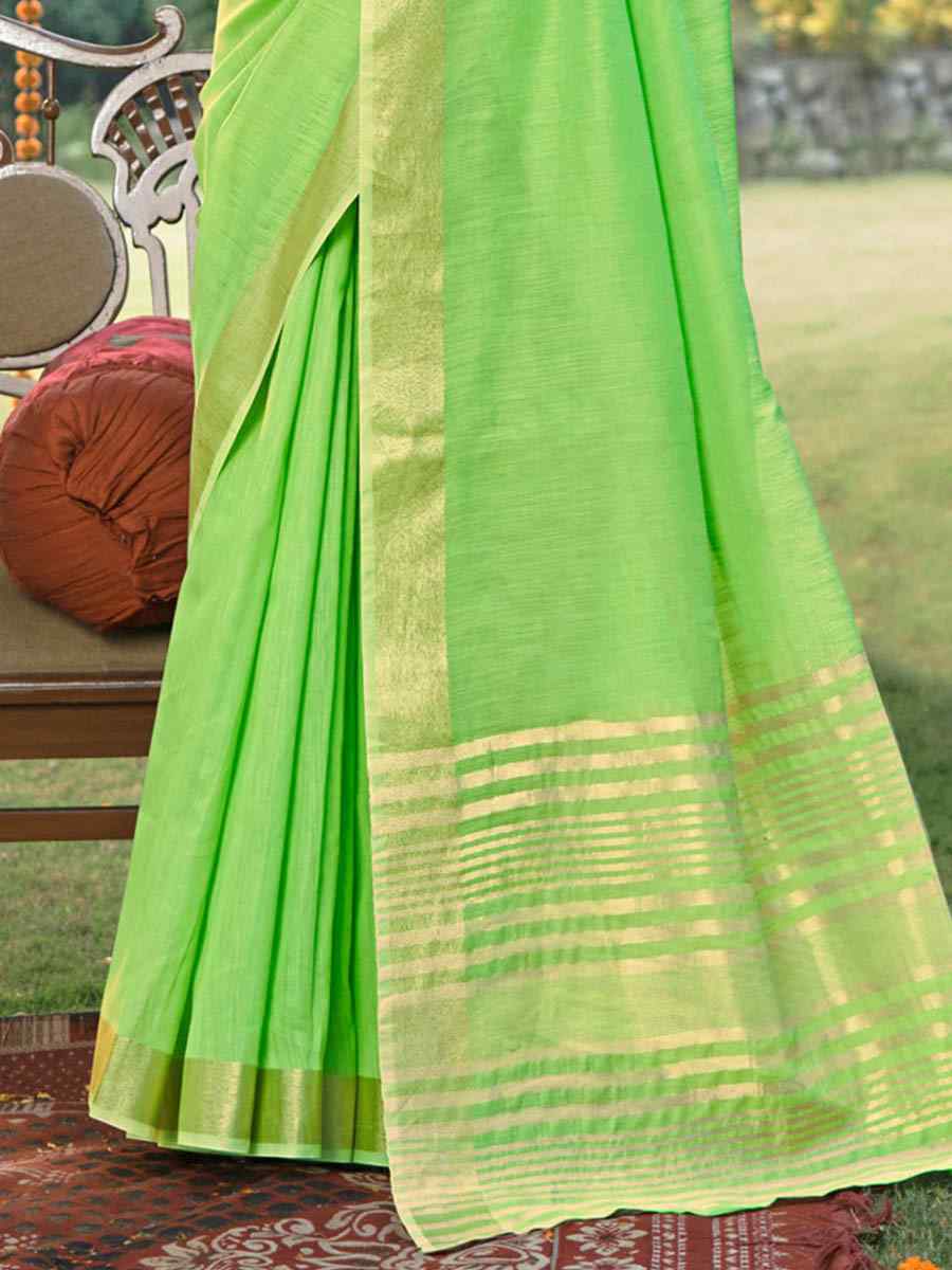 Parrot Green Cotton Handwoven Casual Festival Heavy Border Saree