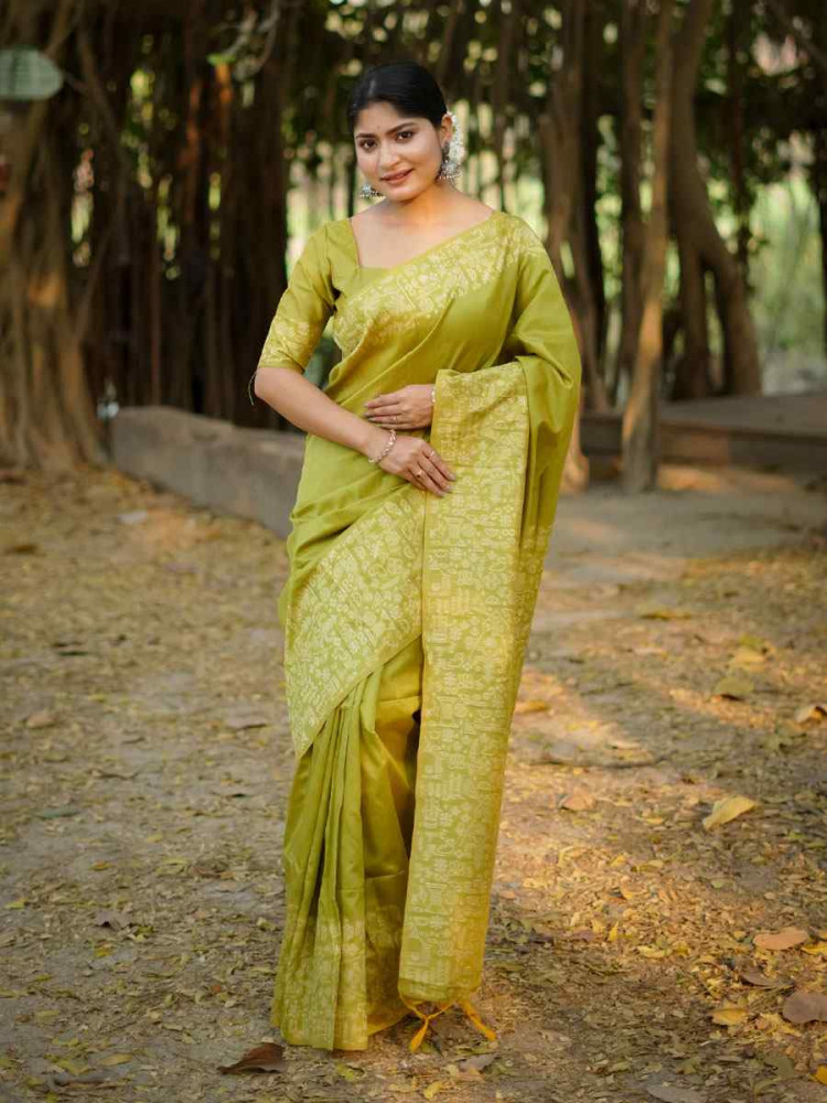 Image of Parrot Green Handloom Raw Silk Printed Festival Wedding Fancy Heavy Border Saree