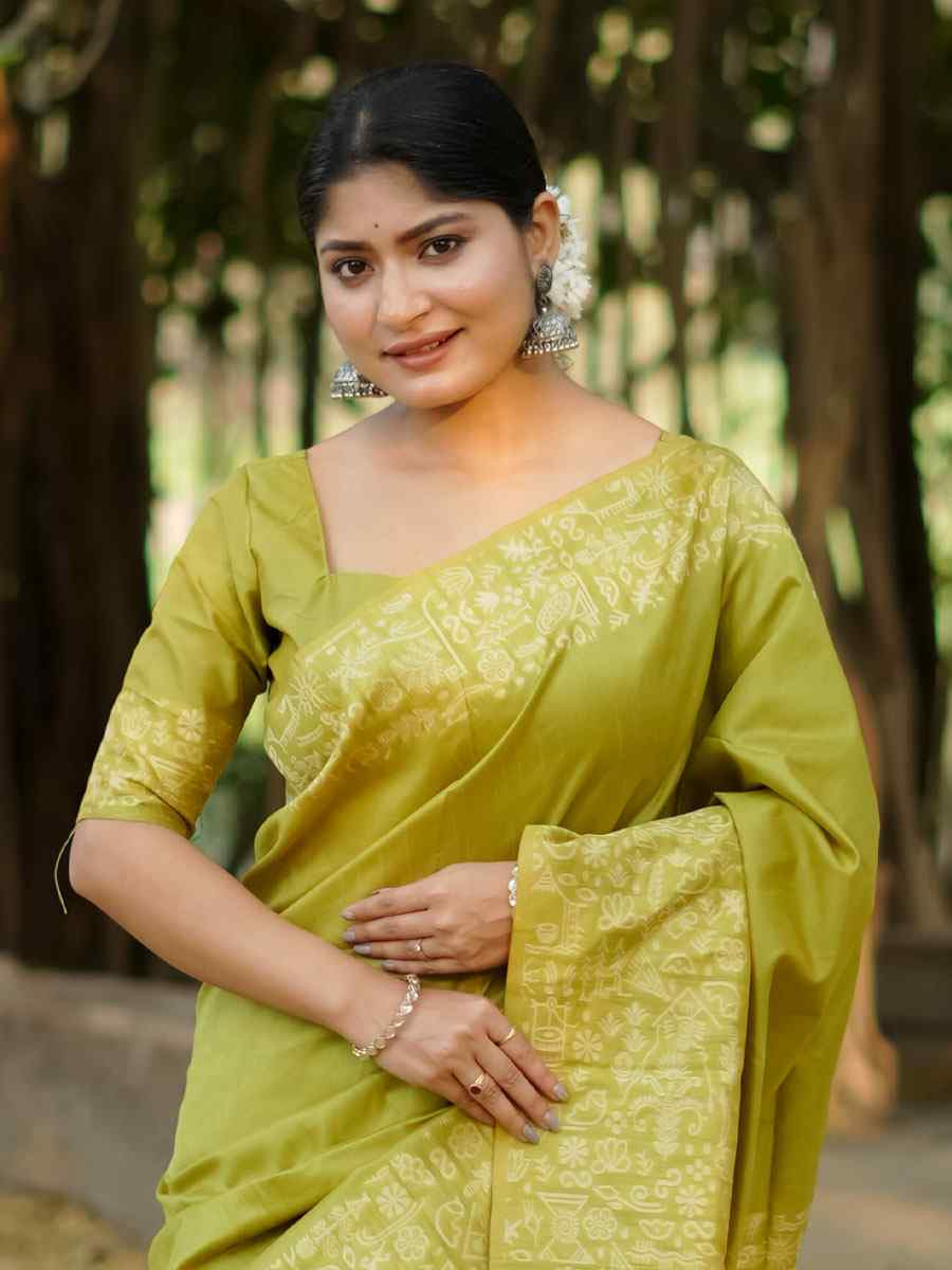 Parrot Green Handloom Raw Silk Printed Festival Wedding Fancy Heavy Border Saree