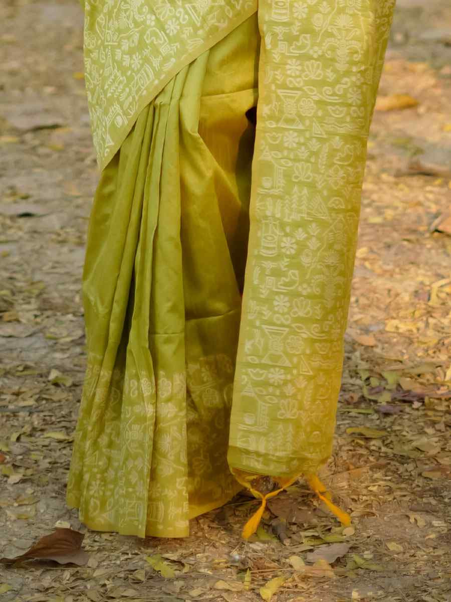 Parrot Green Handloom Raw Silk Printed Festival Wedding Fancy Heavy Border Saree