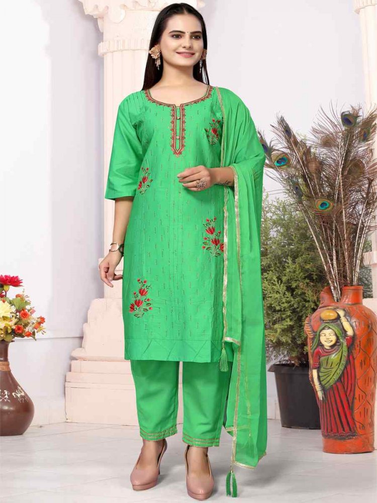 Parrot Green Heavy Cotton Embroidered Festival Wedding Ready Palazzo Pant Salwar Kameez
