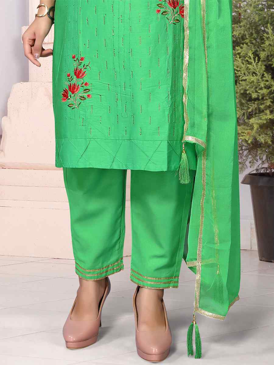 Parrot Green Heavy Cotton Embroidered Festival Wedding Ready Palazzo Pant Salwar Kameez
