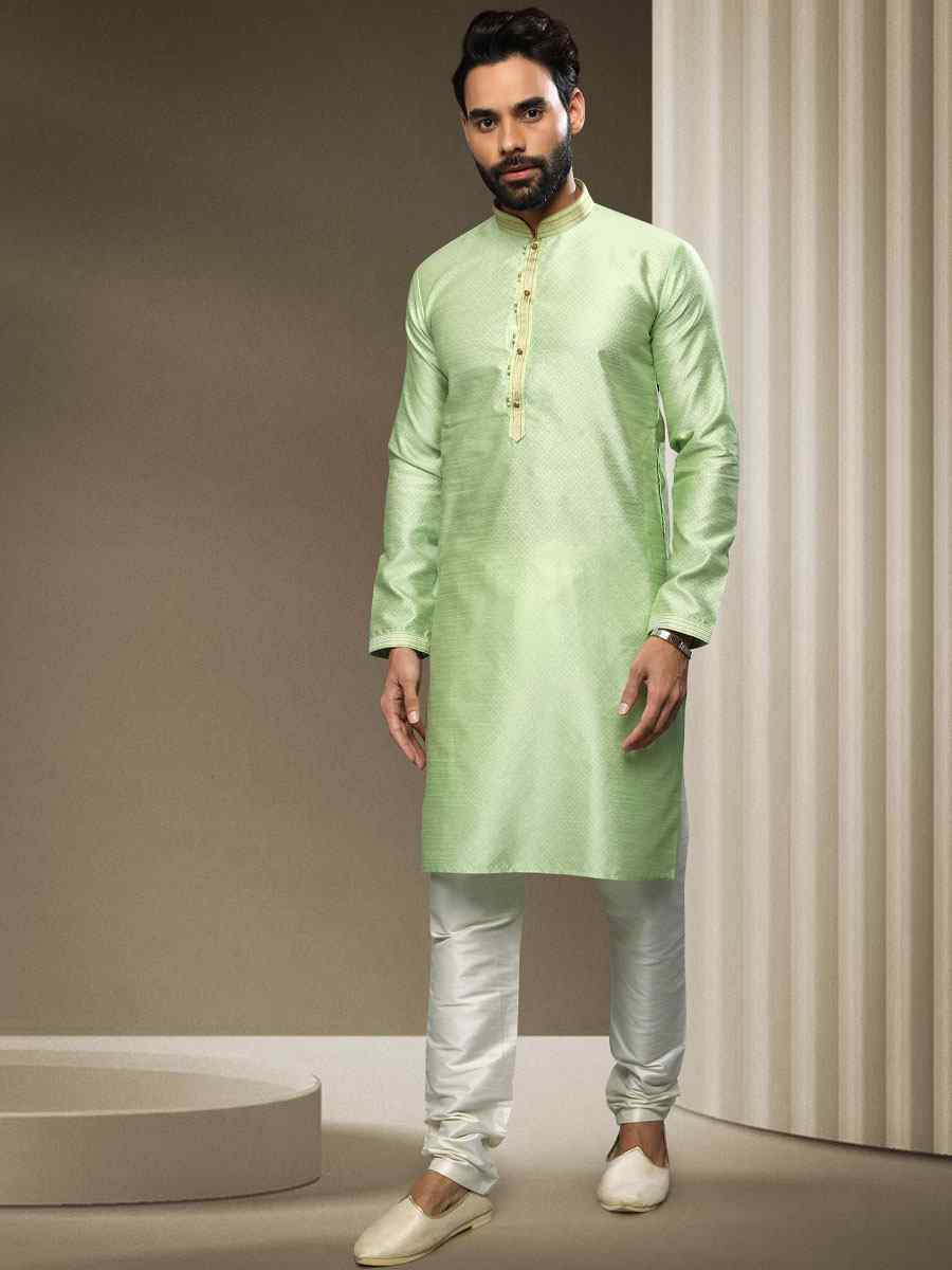 Parrot Green Jacquard Silk Brocade Woven Party Kurta